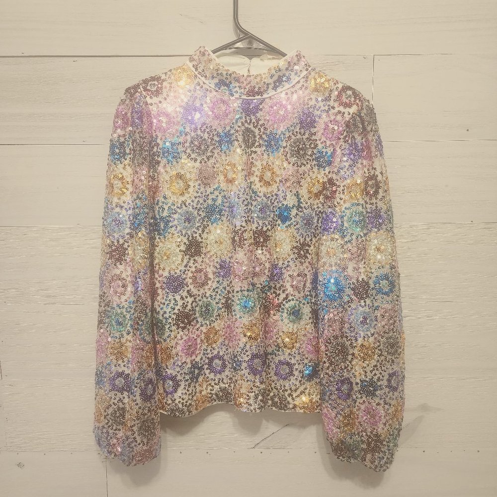 beautifuly beaded sequin blouse by g.p.d. purples, blues, yellows, pinks, bright